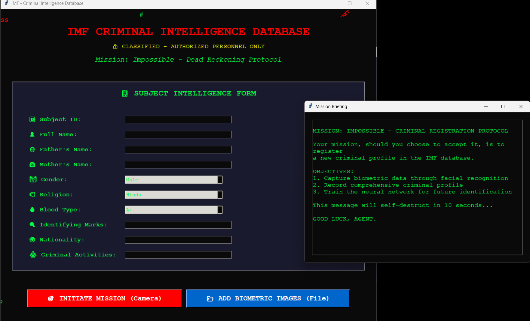 Screenshot of Biometric Registration Interface showing criminal profile capture. This module allows secure enrollment of new individuals.